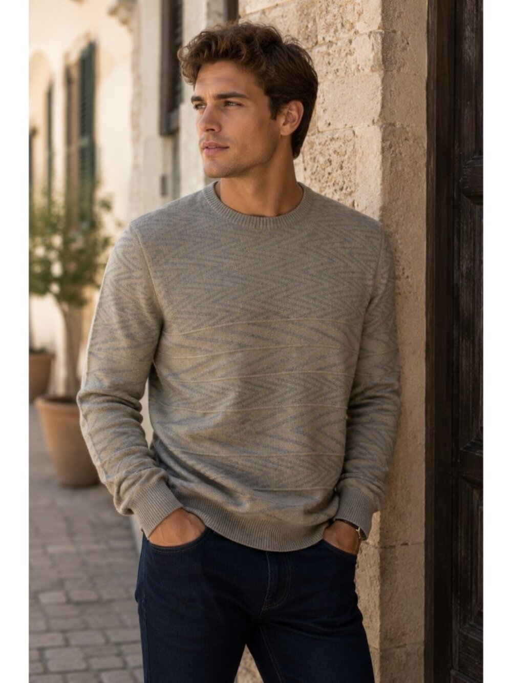 Maria Di Ripabianca Italian Mens Cashmere Sweater Beige Geometric Size 54